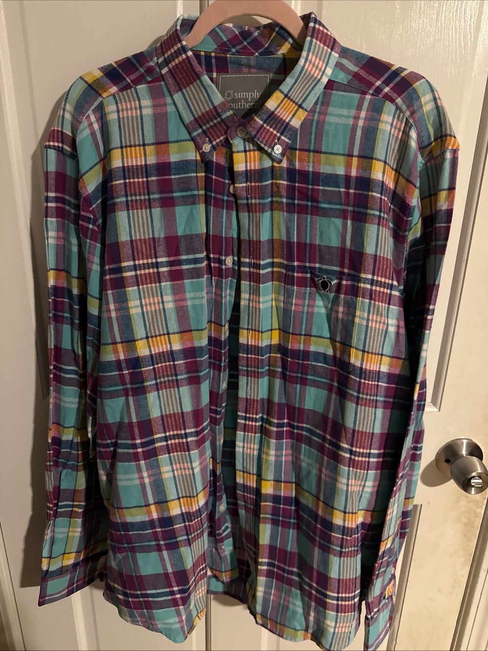 Simply Southern Men’s Plaid Button-Down Shirt - Teal & Purple